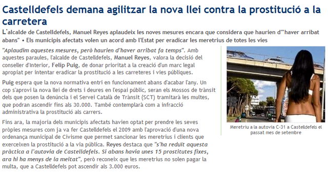 Notcia publicada a la web Elcastell.org que informa que l'Ajuntament de Castelldefels demana agilitzar la llei que ha de permetre lluitar contra la prostituci de carretera (13 Mar 2012)